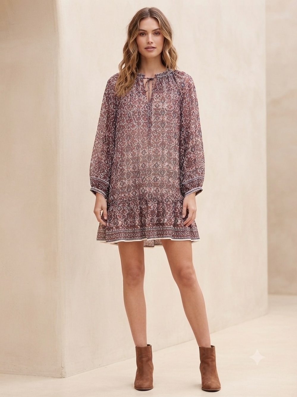 Max Studio Mauve Printed Long-Sleeve Mini Dress